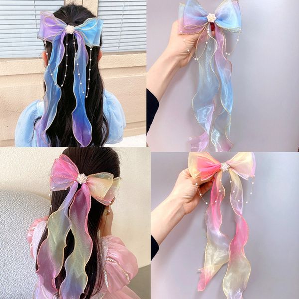Mermaid Pearl Mesh Hair Bows Ribbon Star Long Wig Hair Extension Clips Girls Hair Streamers Accessori per capelli per feste per bambini 2047