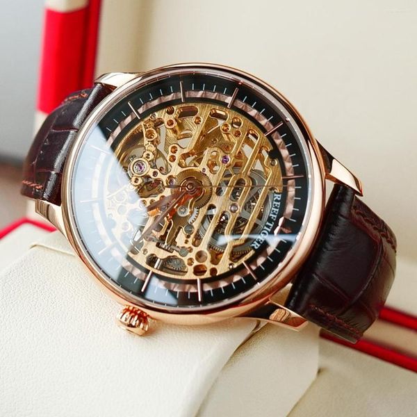 Нарученные часы риф тигр/RT Design Skeleton Watches for Men Rose Gold Истеночный кожаный ремешок Автоматические ультра -тонкие часы RGA1975
