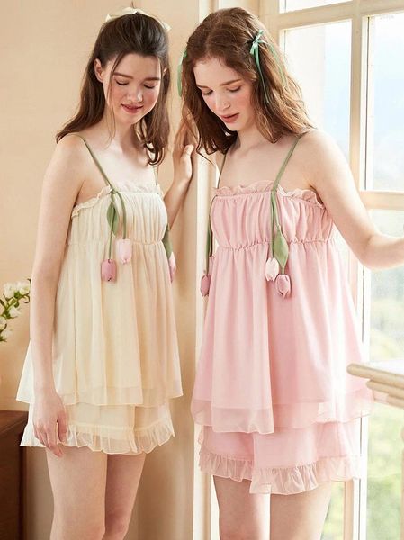 Kadınların Sirkavyesi Tatlı Kız Tulip Spagetti Strap Dantel Prenses Nightwear Kadınlar İçin Yaz Örgü Peri Ev Pijamaları İki Parçalı Setler