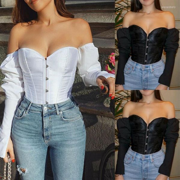 Damenblusen Sexy Frauen Schulterfrei Satin Langarmshirts Büroband Bandage Shirt Schwarz Weiß Bustier Tube Freizeitbluse