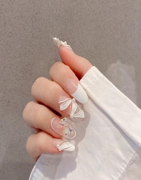 Unhas falsas francesas ovais, prensa longa em gravata borboleta 3D, unhas falsas com desenhos, cola branca acrílica redonda para mulheres e meninas 4286642