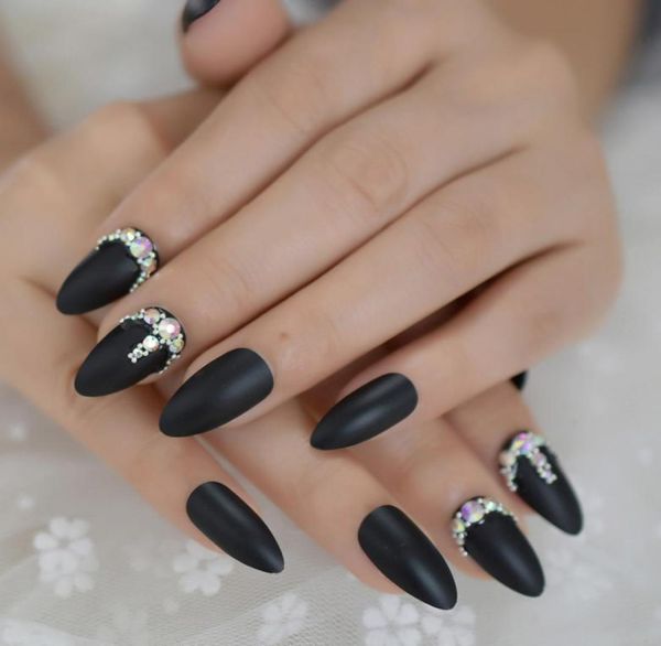 Nero personalizzato strass unghie finte opaco stiletto moda punte per unghie finte taglienti unghie acriliche uniche con copertura completa Set4199921
