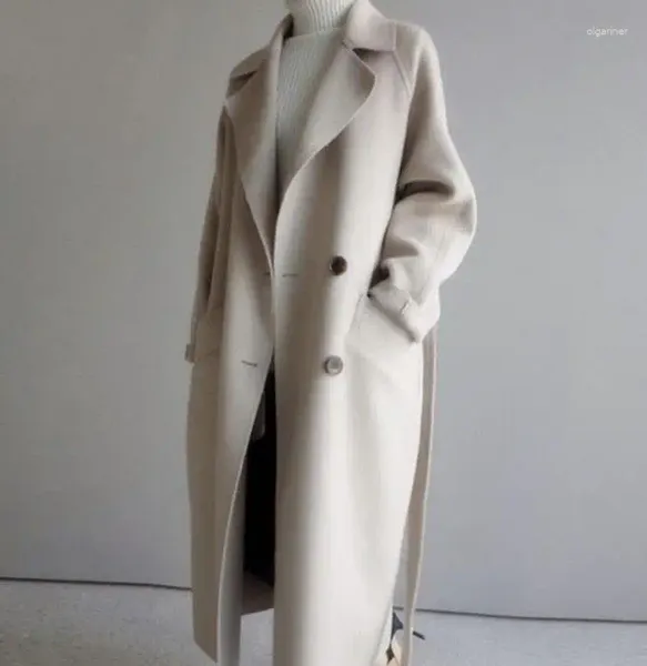 Damen-Trenchmäntel, Wintermantel für Damen, elegant, modisch, lässig, dicke Wolle, beige, mit Schnürung, lange Jacke, schwarze Frau mit Blet