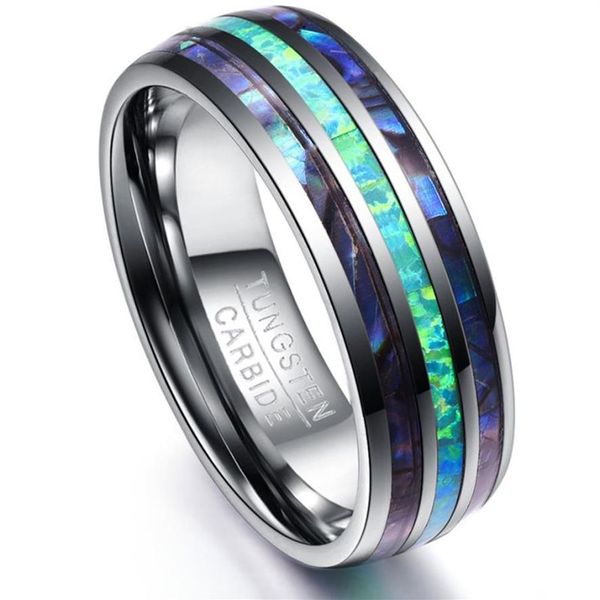Somen 8mm Luxus Silber Farbe Wolfram Hartmetall Ring Blau Feuer Opal Shell Für Männer Frauen Hochzeit Verlobungsring Bague homme MX200242t