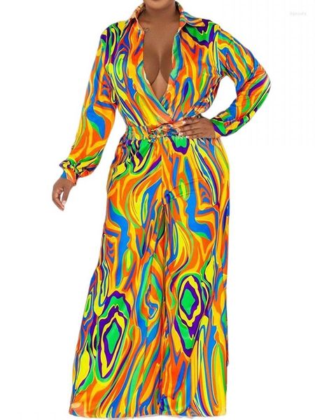 Ethnische Kleidung Afrikanischer Overall mit weitem Bein für Frauen Herbst Damen Elegant Lässig Druck Revers Langarm Strampler Kleidung Femme Robe