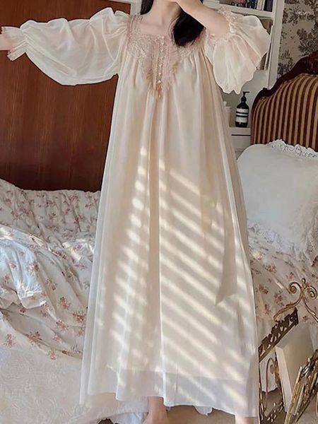 Mulheres Sleepwear Mulheres Malha Ruffles Vintage Nightgowns Robe Nightie Lolita Fada Long Nightdress Victorian Romântico Princesa