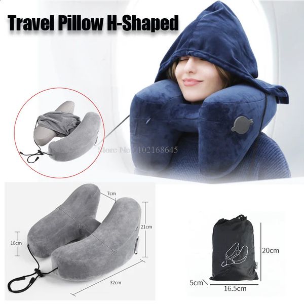 Подушка H-образная форма для путешествий, надувная подушка для шеи, самолет, спальный портативный самолет с сумкой для хранения 231102