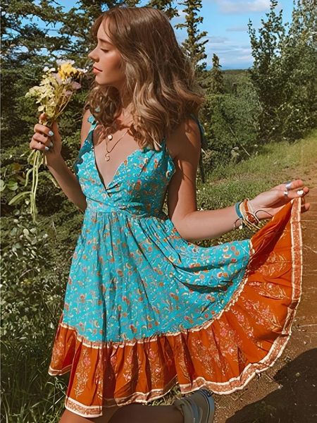 Vestidos casuais Happie Queens Mulheres Floral Imprimir Sexy Profundo Decote Em V Sem Mangas Praia Bohemian Vestido Senhoras Rayon Strapless Boho Mini