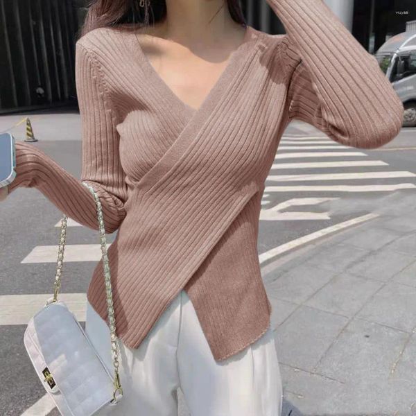 Kadın Sweaters Khaki Seksi Slits Örgü Pullover Düşük V Yaka Sweater Tişört Kadınlar İnce Üst Kumaş Gömlek Kıyafetleri Tayt