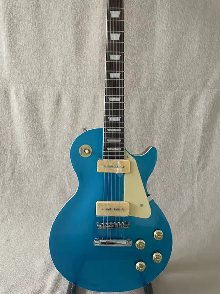 Guitarra elétrica de P90 LP azul de prata de prata de prata padrão, hardware prateado, frete grátis