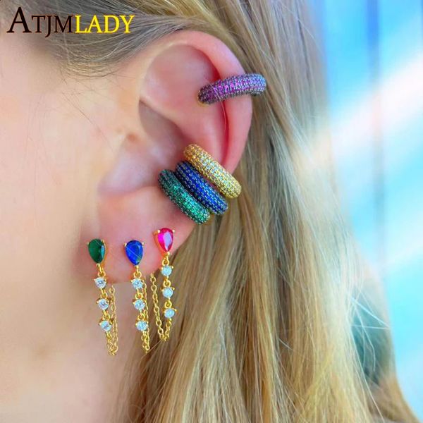 Stud Vars Rainbow Renkli Kübik Zirkonya Küpe Üzerinde Delici Klip Yok Kadınlar için 1 Parça CZ Paved Ear Cuff 231102