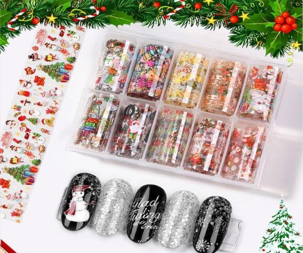 10 Stück Weihnachten Nail Art Dekorationen für Nägel Mix Bunte Transfer Nagelfolie Aufkleber Schnee Blume Elch Geschenk Santa Klebepapier4454777