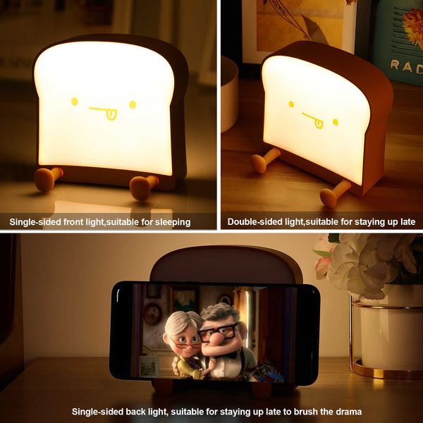 Nachtlichter Cartoon Toast Brot LED Nachtlichter Berührungssensor USB wiederaufladbarer Handyhalter Silikon Schlafzimmer Desktop Decor Lampe Geschenke P230331