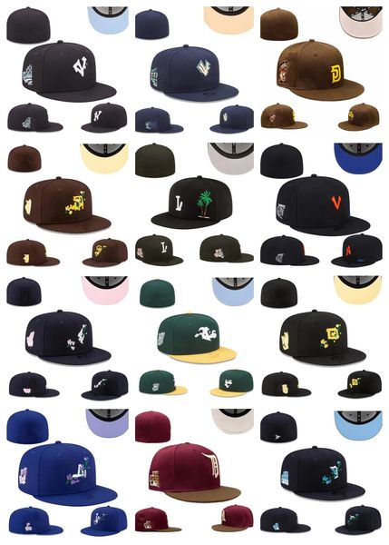Облегающие шляпы Дизайнерский размер Новейшие цвета Бейсбольные плоские кепки Коричневый Черный Цветная буква Вышивка Чикаго Логотип всех команд Спортивный мир Заплатанные Полностью закрытые прошитые шляпы