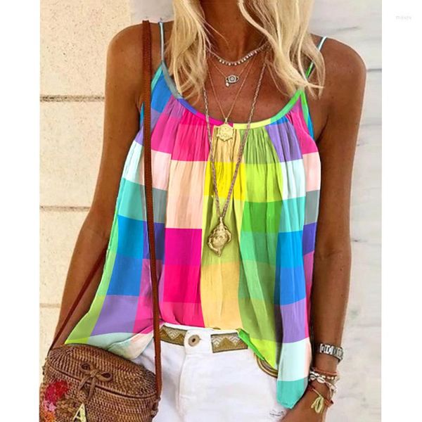 Canotte da donna Estate Donna Cinturino per spaghetti Daily Colorblock Plaid Print Flowy Cami Top Moda senza maniche Scollo tondo T-shirt da vacanza