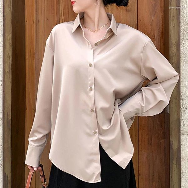 Damenblusen, rosa Satin-Oberteil, Damen-Büroarbeitsbluse, 2023, Frühling und Herbst, lässig, langärmelig, Umlegekragen, Hemd, Damen, elegant, locker