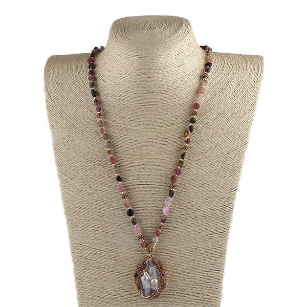 Maglione con collana barocca in tormalina con ciondolo di perle naturali barocche alla moda in stile bohémien da donna 231015