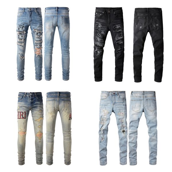 Novos jeans queimados empilhados jeans roxo jeans designer de alta qualidade homem calças compridas calças streetwear lavado velho jeans longos buracos retos jeans regulares