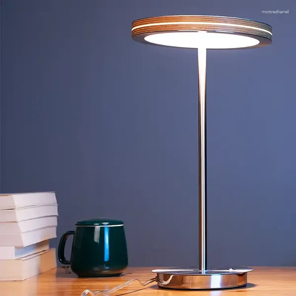 Lampade da tavolo 220-240V 3000K Luce calda dimmerabile da comodino a forma di disco rotondo Lampada a LED in metallo Protezione per gli occhi per camera da letto
