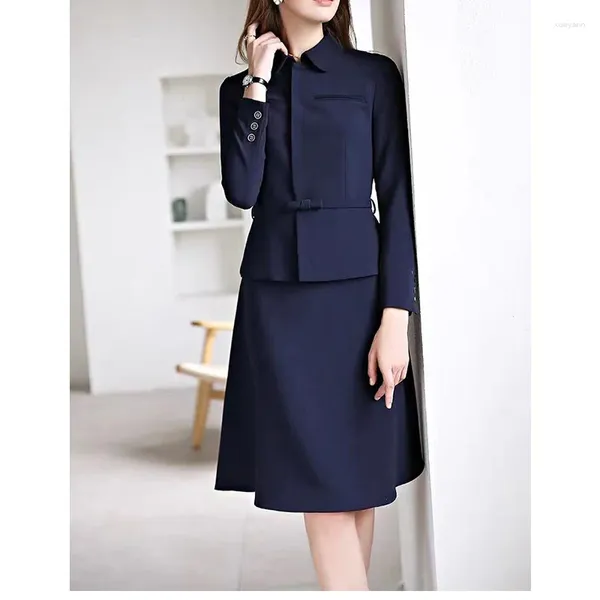 Zweiteiliges Kleid, Marineblau, modischer Business-Anzug, Damen-Röcke, Sets, Blazer, Anzüge, Umlegekragen, Mäntel, schmale Passform, Gürtel, lange Ärmel, schick