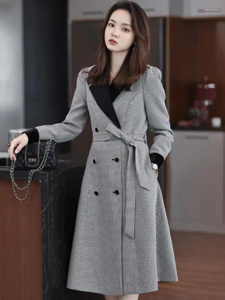 Kadın Suits Kadınlar Orta Uzunluk Bandaj Ceket Siyah Beyaz Ekose Patchwork Çift Kruvaze Sonbahar Kış Boy Sleve Loose Blazer Coat 2023