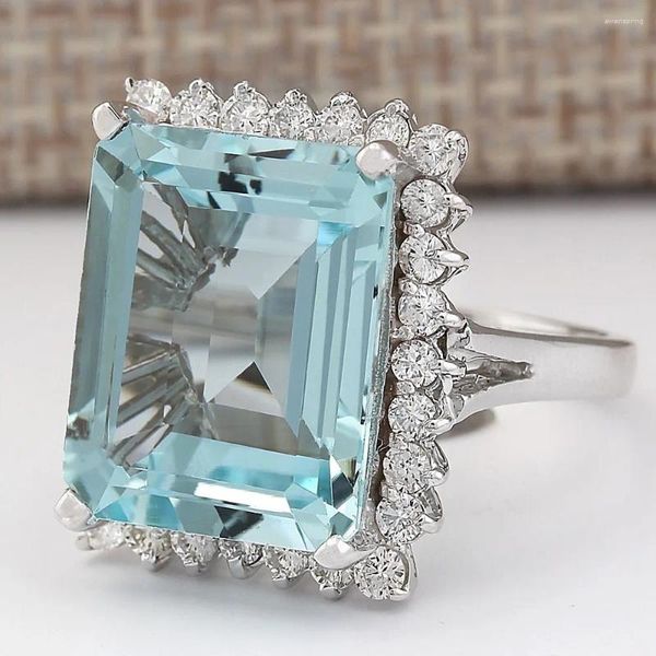 Cluster anéis quadrado mar azul cristal austríaco aquamarine topázio pedras preciosas diamantes para mulheres 18k branco ouro prata cor bague jóias