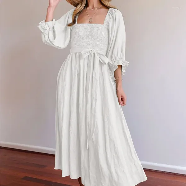 Vestidos casuais 2023 europeu americano vestido feminino outono laço cinto plissado borda bolha manga cor sólida longo branco vestidos