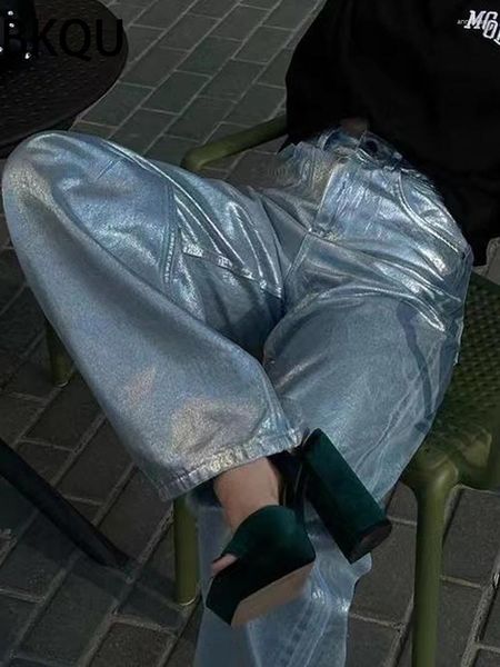 Jeans da donna BKQU argento americano a vita alta gamba larga per le donne Pantaloni estivi chic metallizzati lucidi dritti larghi in denim Pantaloni all-match
