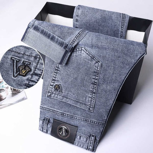 Jeans masculinos designer de luxo high end counter v jeans para homens primavera e verão fino elástico cintura alta tubo reto de meia-idade calças idosas 788 WFZO