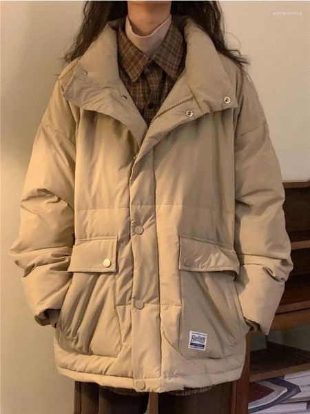 Trench da donna Foufurieux Donna Inverno Addensare Parka Colletto alla coreana Giacca foderata in pelliccia di agnello Cappotto allentato monopetto Capispalla caldo