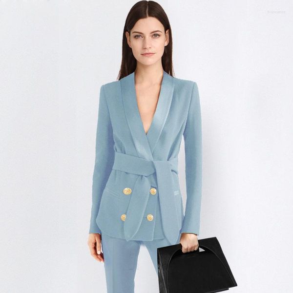 Damen zweiteilige Hosen 2 blaue Hosenanzüge formelle Damen Büro OL Uniform Designs Damen elegante Business Arbeitskleidung Jacke mit Hosen Sets