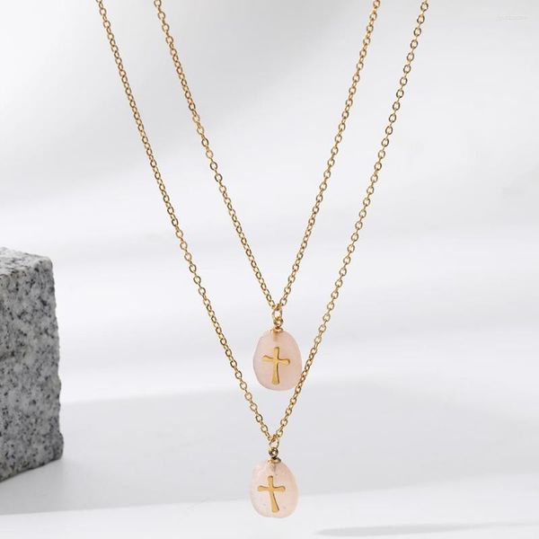 Anhänger Halsketten Kreuz Edelstahl Tropfen Halskette Für Frauen Trendy Lady Party Geschenke 18 Karat Echtgold Überzogene Naturstein Schlüsselbeinkette