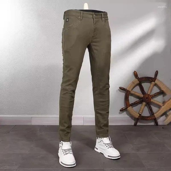 Jeans masculinos rua moda homens exército verde elástico magro vintage bordado designer estilo coreano casual denim lápis calças