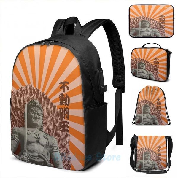 Rucksack mit lustigem Grafikdruck, buddhistische Gottheit, Fudo Myo-o, USB-Aufladung, für Herren, Schultaschen, Damen, Tasche, Reisen, Laptop