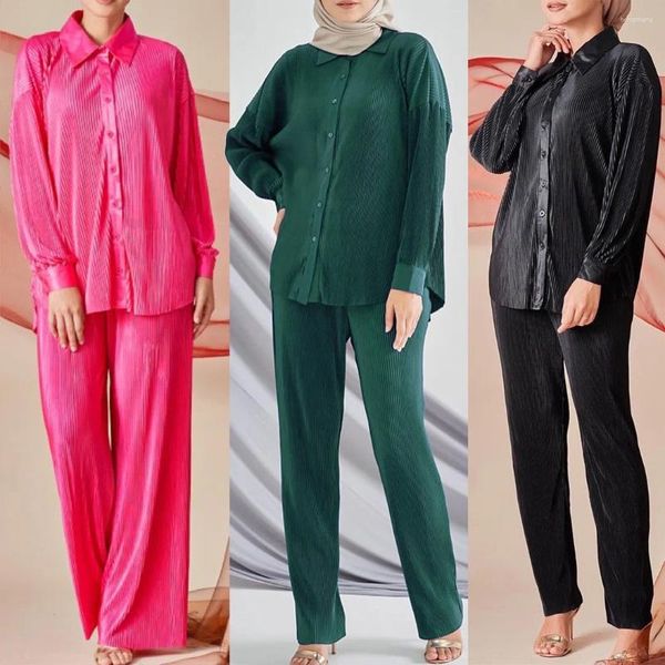 Roupas étnicas Oversize Blusas Calças Plissadas Mulheres 2 Peça Outfit Tops e Calças Lounge Moda Muçulmana Abaya Vestido Islâmico Kaftan Set