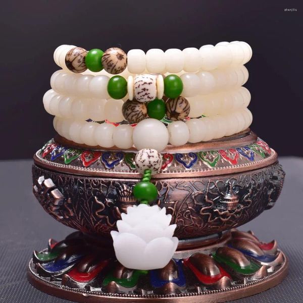 Bracciale con perline di radice di Bodhi bianco naturale 108 Mala per le donne Yoga Meditazione Bilanciamento di gioielli con fiori di loto Dropship