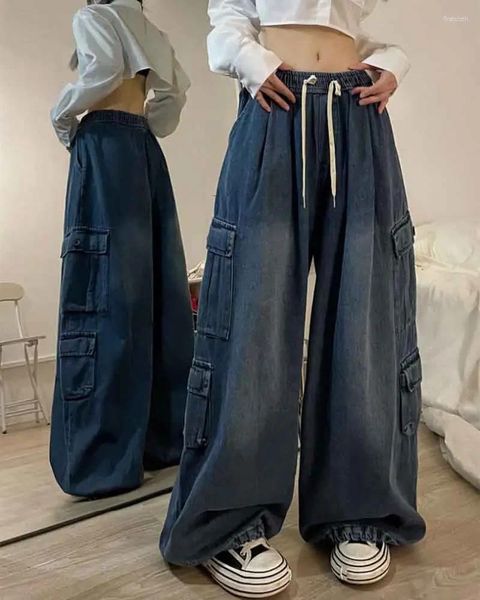 Damenjeans GIDYQ Vintage Big Pocket Cargo Damen Y2k Hiphop elastische Taille gerade Hose mit weitem Bein übergroße Baggy-Denim-Hose