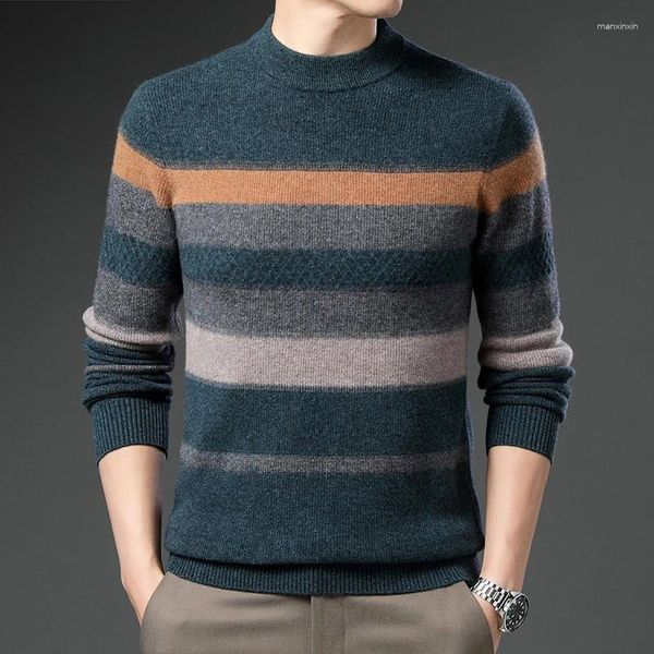 Camisolas masculinas Cashmere Lã Grossa Moda Listras O-pescoço Quente Malha Roupas Manga Longa Pura