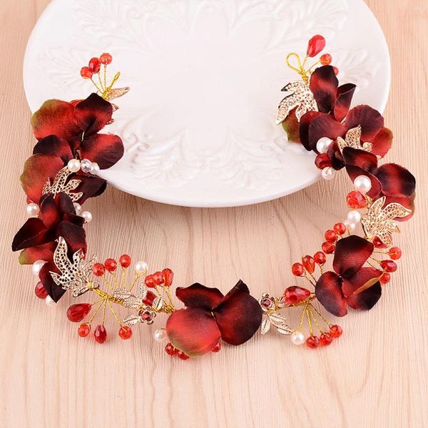 Grampos de cabelo flor artificial hairband casamento tiaras para mulheres vermelho floral pérola bandana elegante meninas hoop nupcial headwear jóias