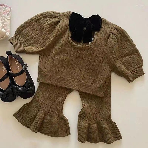 Giyim setleri moda kız bebek örgü kıyafetleri set kış sonbahar yürümeye başlayan çocuk bowknot kazak kazak geniş bacak pantolon 2pcs kıyafetler1-10y