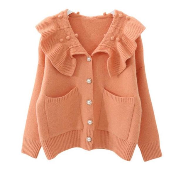 Damen Strick T-Shirts Frühling Herbst Rüschen Strickjacke Damen Koreanisch Langarm Weich Niedlich Mantel Mädchen Chic Grün Orange Beige Ou