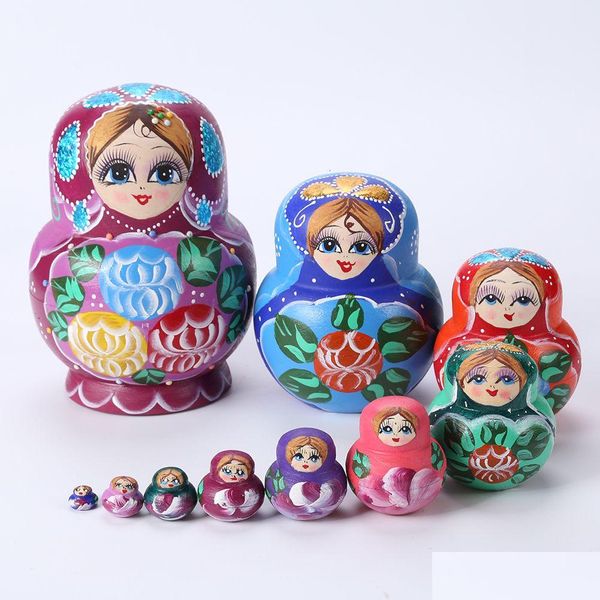 Bebekler 5 -10pcs Güzel Matryoshka Ahşap Yuvalama Babushka Rus El Boyası Çocuklar İçin Noel Oyuncakları Hediyeler Boyalı Damla Teslimat Acces OT8XF