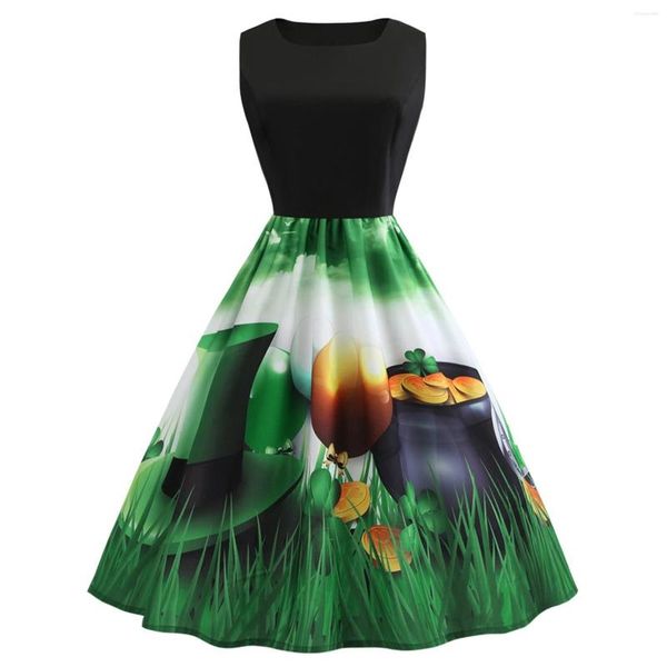 Freizeitkleider Sommer Ärmelloses Swingkleid Frauen Rundhals Bedruckt Vintage Rockabilly St. Patrick's Day Elegante Party Vestidos