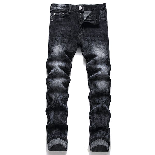 Preto impresso estiramento jeans magros para homens casual fino algodão denim calças primavera outono moído branco meados de cintura calças tamanho 29-38