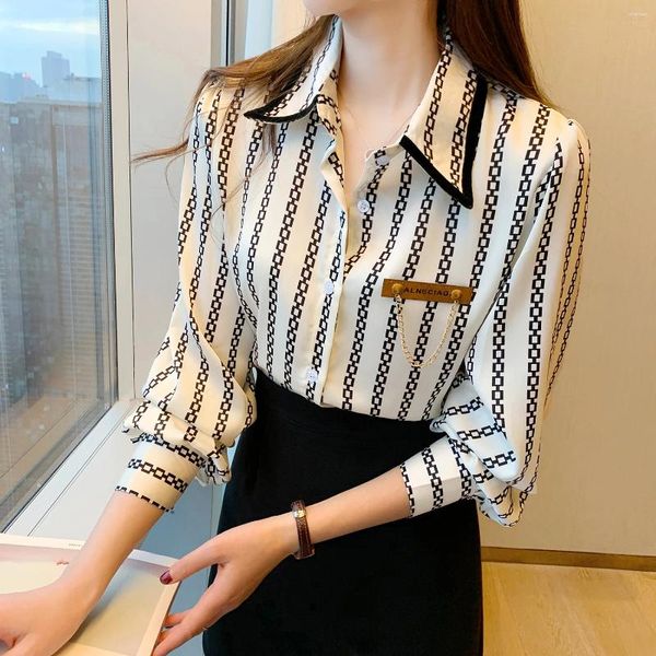 Damenblusen Damen Korean Fashion Casual Stripe Shirts Bluse Frauen Tops Frau Button Up Shirt Weibliche Mädchen Langarm BPy0070