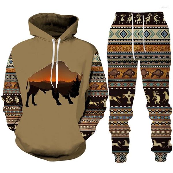 Fatos masculinos vintage 3d vaca impressão hoodie/terno étnico tribal pulôver sweatshirts calças conjunto de treino harajuku casual streetwear roupas