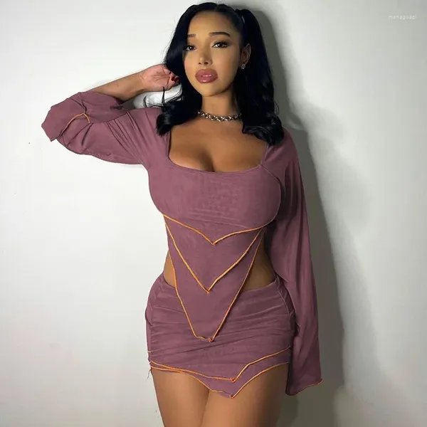 Röcke Zweiteiliges Set Damen Sexy Outfits Stufenrock und Top Schulterfrei Langarm Kurzes Kleid Sets Herbst Streetwear Kleidung