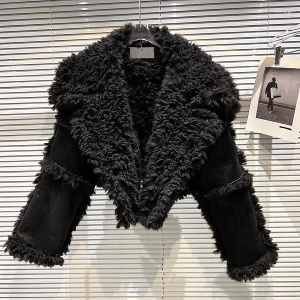 Coleção de couro feminino 2023 inverno manga longa grande gola virada para baixo pele sintética preto pu jaqueta feminina blazer casaco gh141
