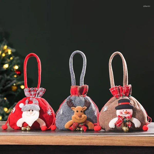 Decorações de natal presente saco de boneca bonito peludo cordão bolsa doces biscoitos embalagem boneco de neve tote crianças acessórios