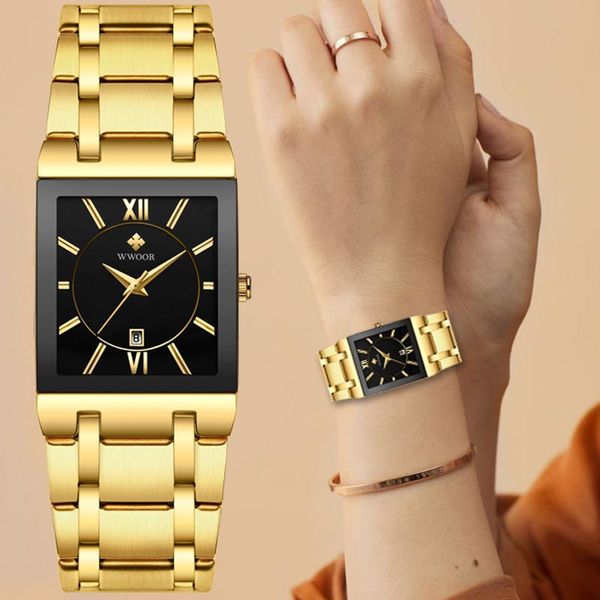 Armbanduhren WWOOR Damenuhr Damen Gold Quadratisch Armbanduhr Minimalistisch Analog Quarzwerk Lässig Relogio Feminino